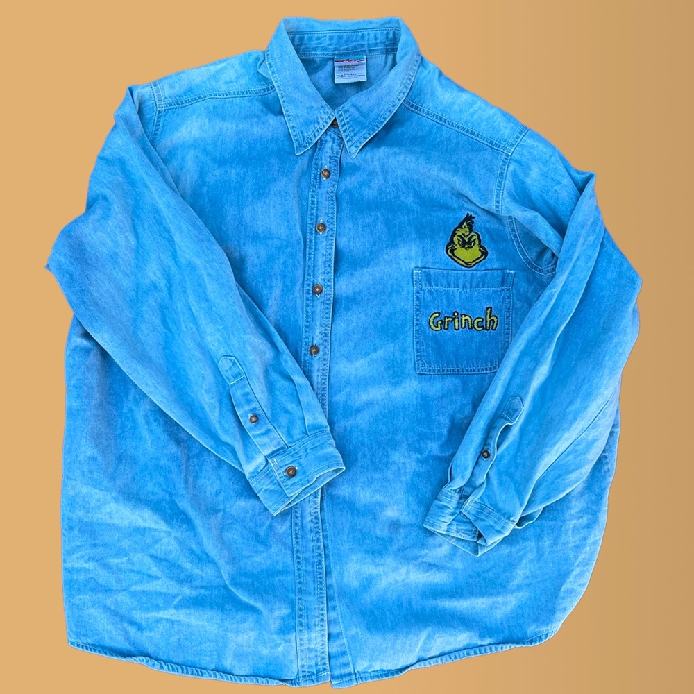 Vintage Dr Seuss The Grinch Denim Button Up